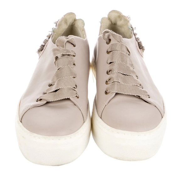 AGL TAN NEUTRAL FLORAL BEADED EMBROIDERY LEATHER SNEAKERS SHOES 7.5 - Picture 4 of 13
